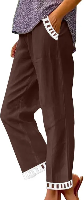 2025 Womens Capri Lace Linen Pants, Casual Summer Drawstring Elastic High Waist Pant Straight Cropped Trouser