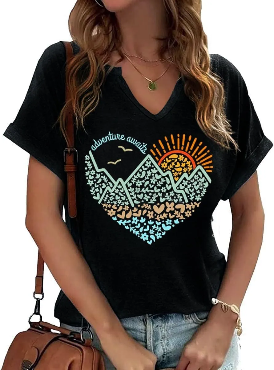 Adventure Hiking Camping Mountain Shirt for Women Travel Graphic Tee Shirts,US National Parks Shirt Outdoor Nature Tops