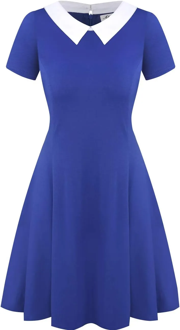 Aphratti Women's Short Sleeve Peter Pan Collar Cute Skater Dress Fit and Flare A-Line Casual Dresses