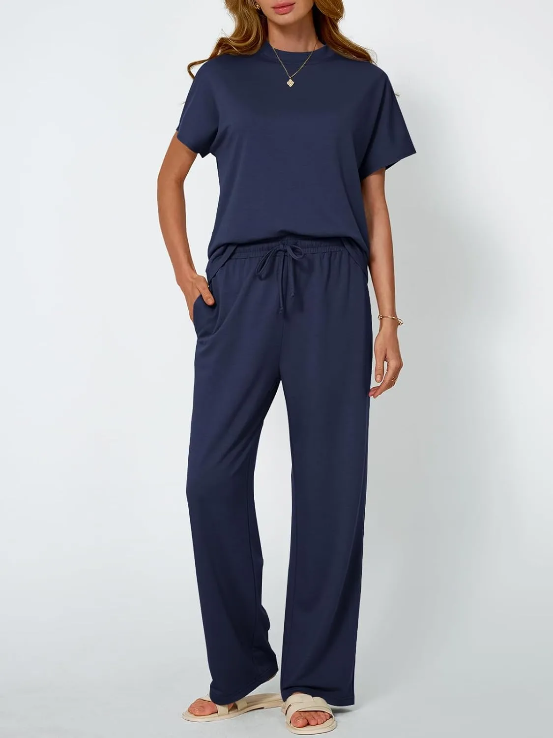 AUTOMET Women's Mock Neck 2 Piece Lounge Set Matching Summer Loose Fit Wide Leg Pants Set