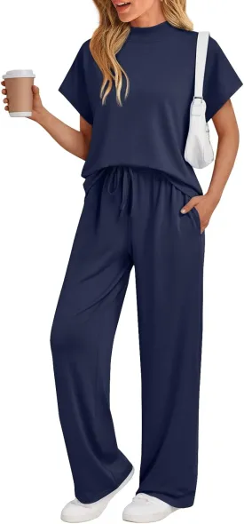 AUTOMET Women's Mock Neck 2 Piece Lounge Set Matching Summer Loose Fit Wide Leg Pants Set