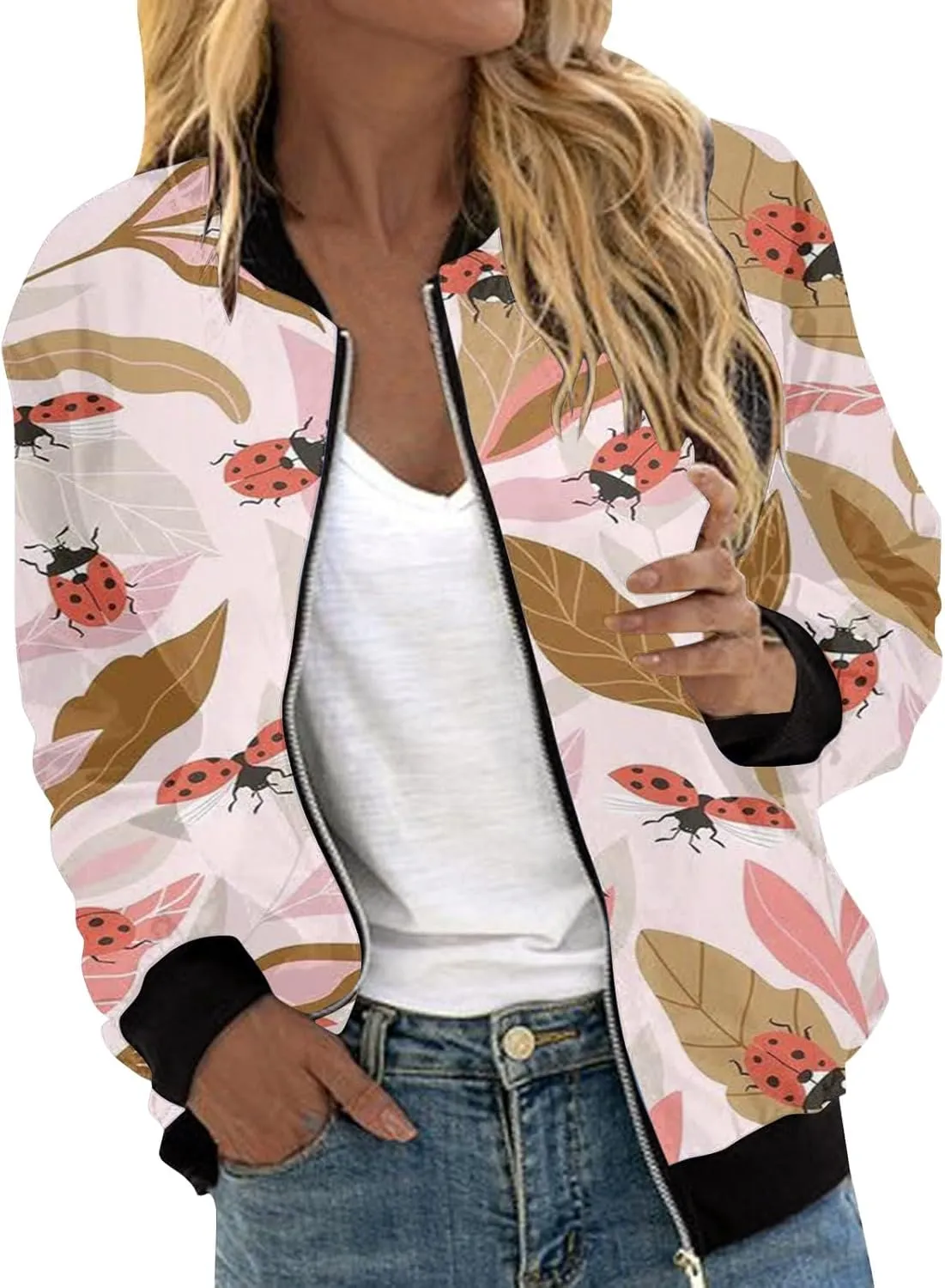 Baseball Jacket Coat for Women Thin Pocket Jacket Blouse Varsity Coat Baseball Top Floral Jackets for Women Fall 2024