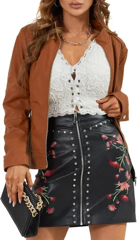 Bellivera Faux Leather Jacket Women Motorcycle Zipper Bomber PU Bike Coat with Pockets