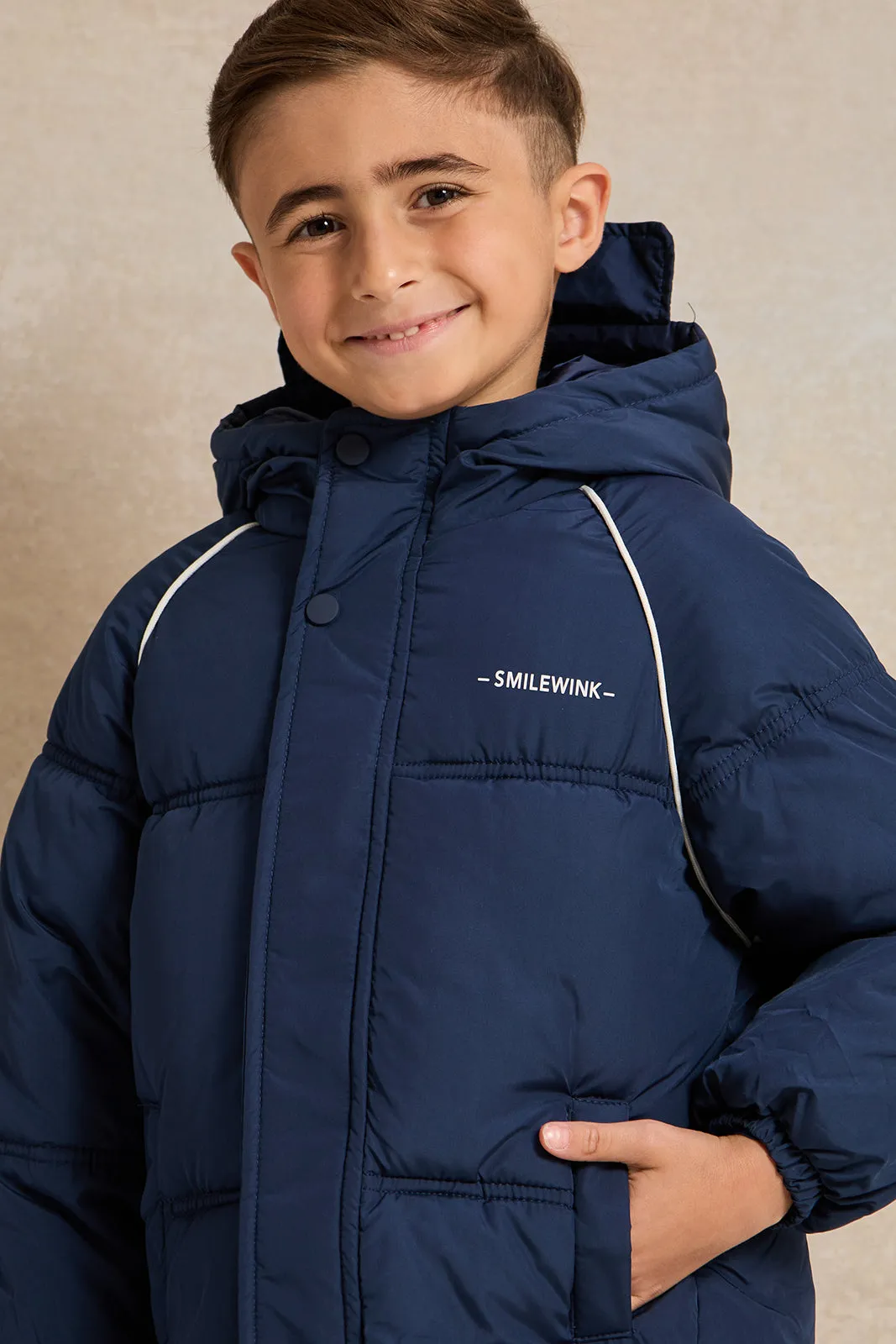 Boys Navy Padded Hooded Zip-Through Jacket