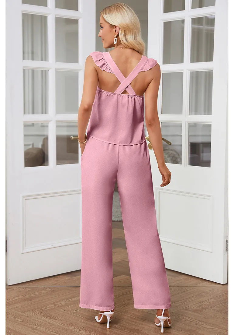 Cameo Pink Women's 2 Piece Sets Flowy Square Neck Top Wide Leg Pants Vacation Two Piece Outfits