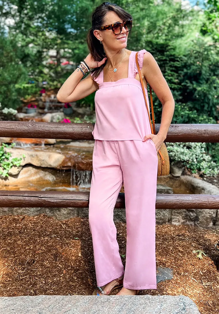 Cameo Pink Women's 2 Piece Sets Flowy Square Neck Top Wide Leg Pants Vacation Two Piece Outfits