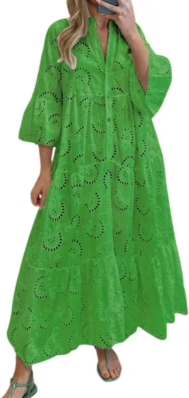 chouyatou Women's 2025 Lace Eyelet Embroidery Maxi Dress V-Neck Trumpet Sleeve Boho Flowy Swing Dress