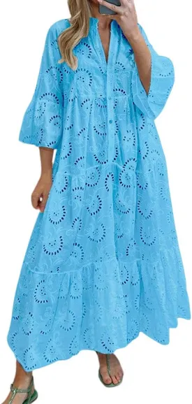 chouyatou Women's 2025 Lace Eyelet Embroidery Maxi Dress V-Neck Trumpet Sleeve Boho Flowy Swing Dress