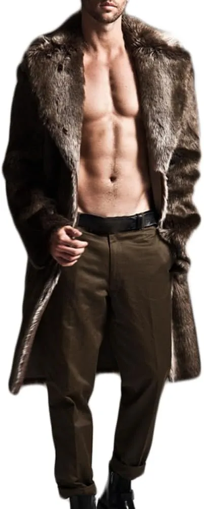 Colf Men's Winter Long Sleeve Turn Collar Faux Fur Coat Outwear Long Parka Jacket Overcoat