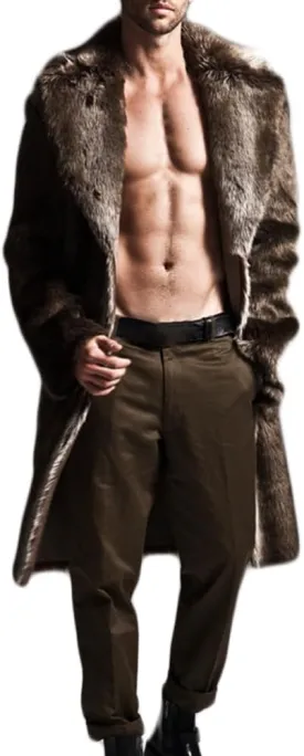 Colf Men's Winter Long Sleeve Turn Collar Faux Fur Coat Outwear Long Parka Jacket Overcoat