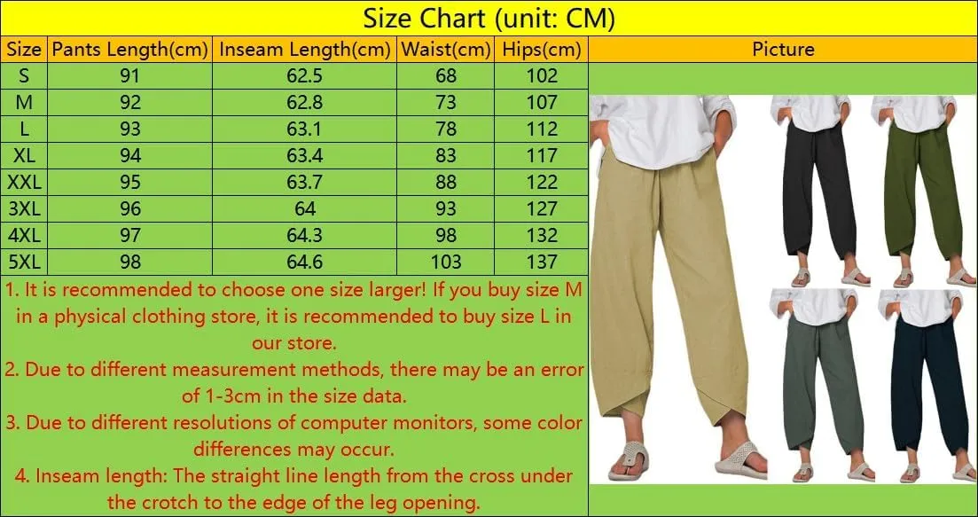 Cotton Linen Harem Pants for Women, Baggy Walk Trousers with Pockets, Elastic Waist Wide Leg Casual Summer Capris Pants