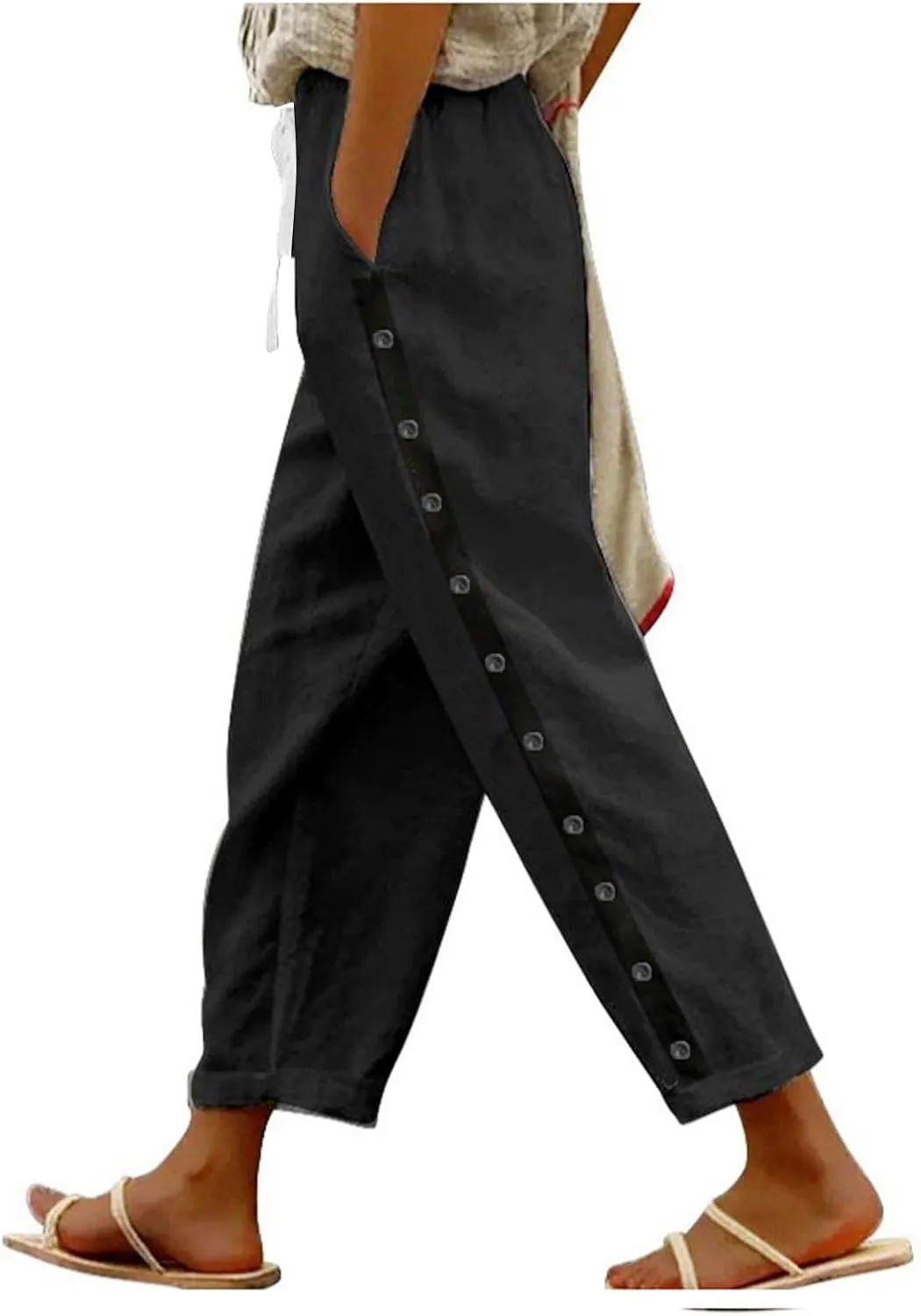Cotton Linen Pants for Women Summer Wide Leg Elastic Straight Leg Lounge Pant Drawstring Lightweight Beach Trousers