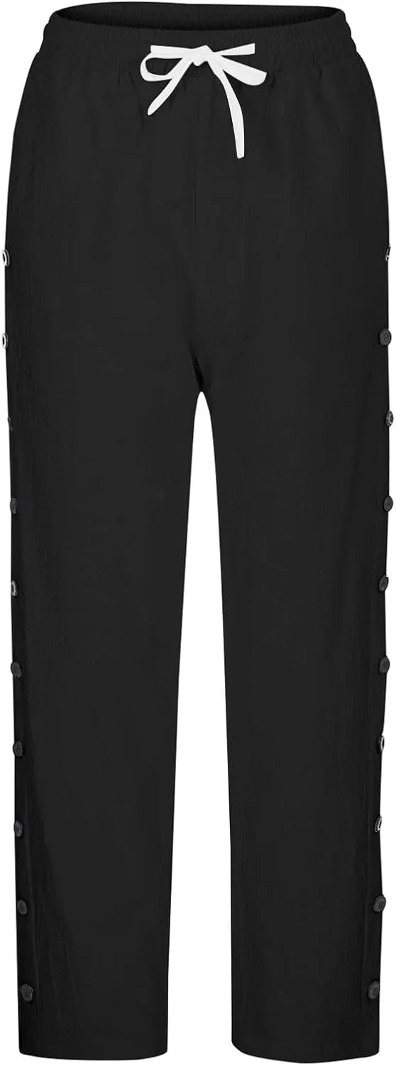 Cotton Linen Pants for Women Summer Wide Leg Elastic Straight Leg Lounge Pant Drawstring Lightweight Beach Trousers