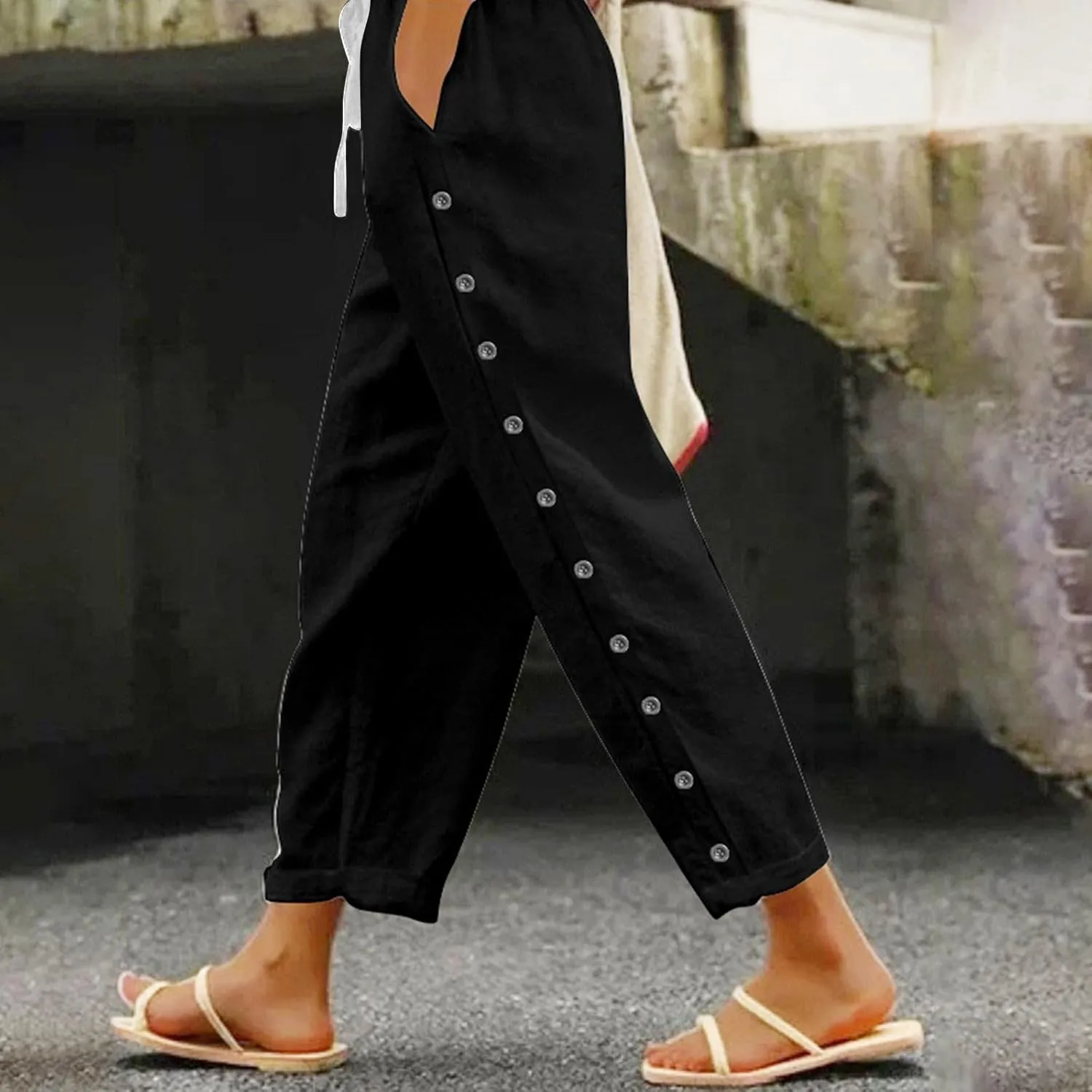Cotton Linen Pants for Women Summer Wide Leg Elastic Straight Leg Lounge Pant Drawstring Lightweight Beach Trousers