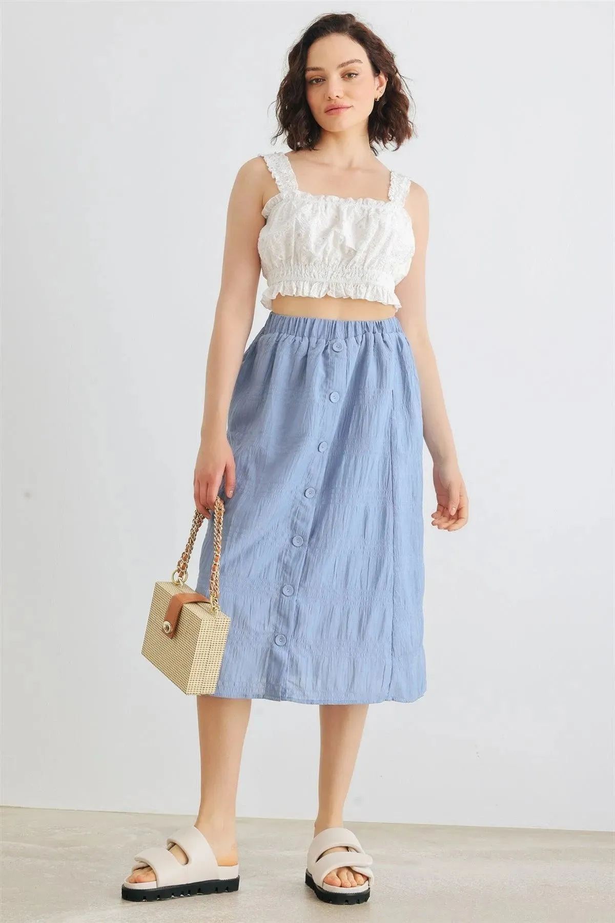 Denim Blue High Waist Front Button Midi Skirt /2-2-2