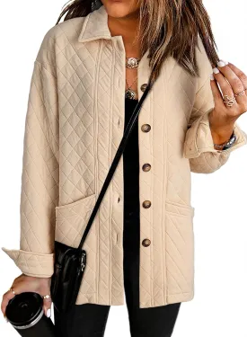 Dokotoo Casual Quilted Jackets for Women Button Down Collared Long Sleeve Shirts Spring Jackets with Pockets 2025