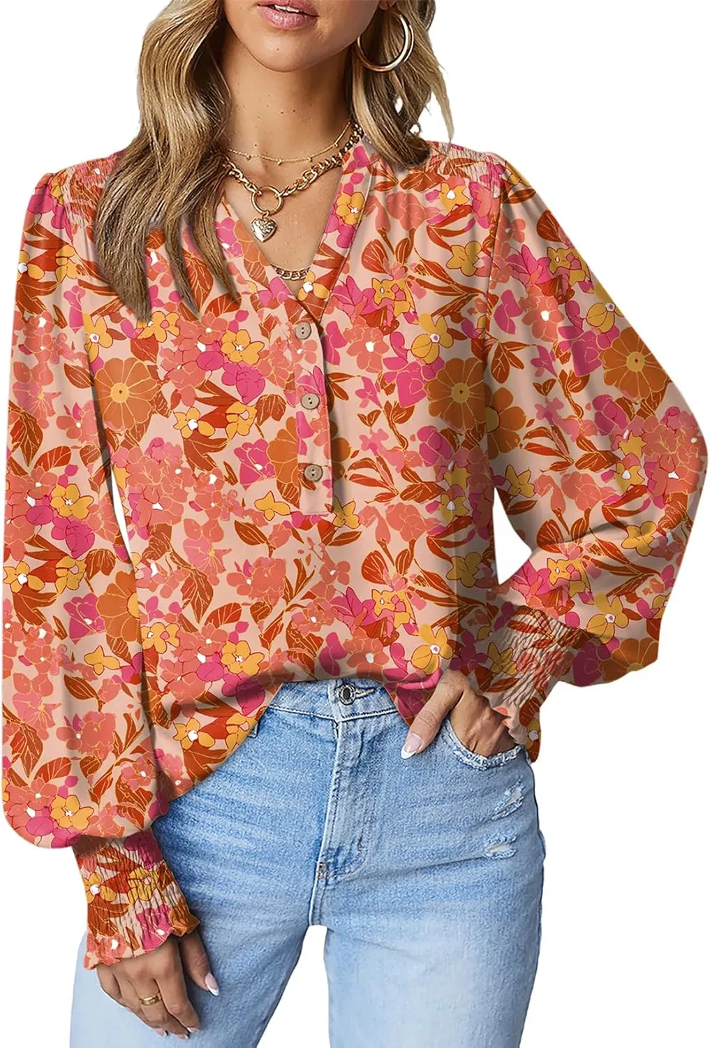Dokotoo Women's Casual V Neck Easel Floral Print Long Sleeve Blouses Smocked Button Down Shirts Bohemian Top
