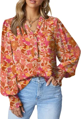 Dokotoo Women's Casual V Neck Easel Floral Print Long Sleeve Blouses Smocked Button Down Shirts Bohemian Top