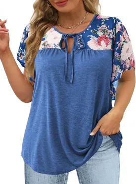 DOLNINE Women's Plus Size Tops Casual Summer Boho Floral Tunics Ruffle Sleeve Crewneck Loose Blouses Shirts