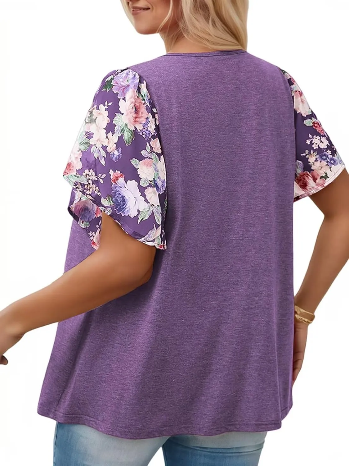 DOLNINE Women's Plus Size Tops Casual Summer Boho Floral Tunics Ruffle Sleeve Crewneck Loose Blouses Shirts
