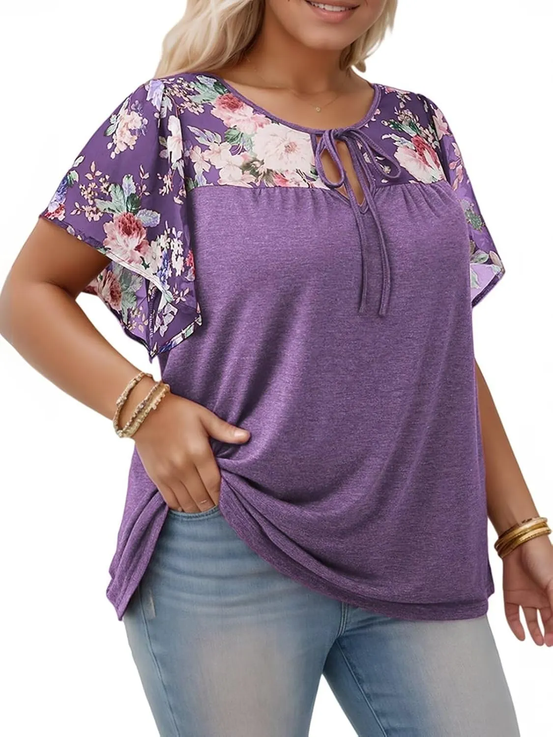 DOLNINE Women's Plus Size Tops Casual Summer Boho Floral Tunics Ruffle Sleeve Crewneck Loose Blouses Shirts