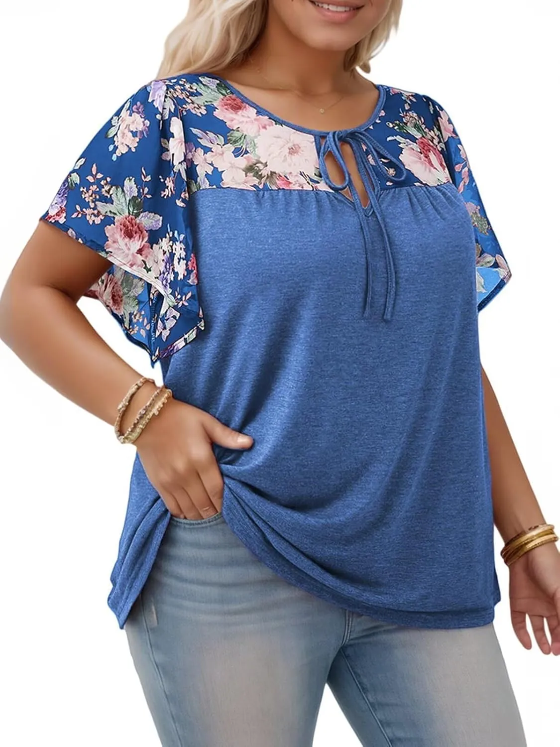 DOLNINE Women's Plus Size Tops Casual Summer Boho Floral Tunics Ruffle Sleeve Crewneck Loose Blouses Shirts