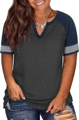 DOLNINE Womens Plus-Size Tops Raglan V Neck T Shirts Striped Short Sleeve Tunics