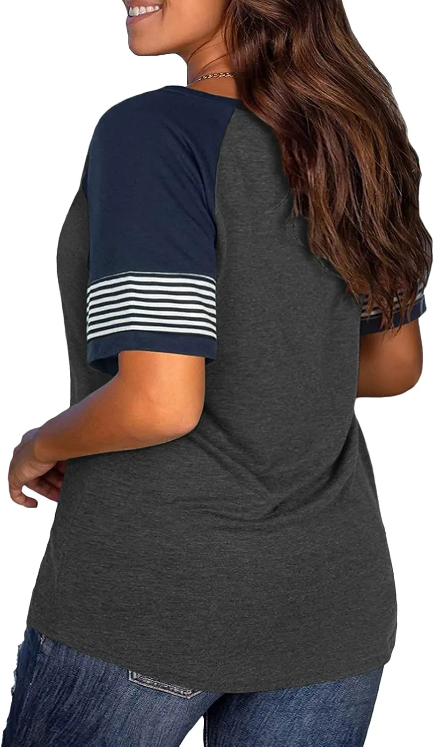 DOLNINE Womens Plus-Size Tops Raglan V Neck T Shirts Striped Short Sleeve Tunics