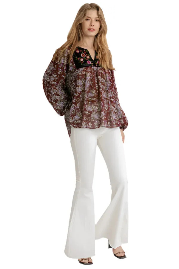 Embroidered Velvet Yoke Floral Blouse