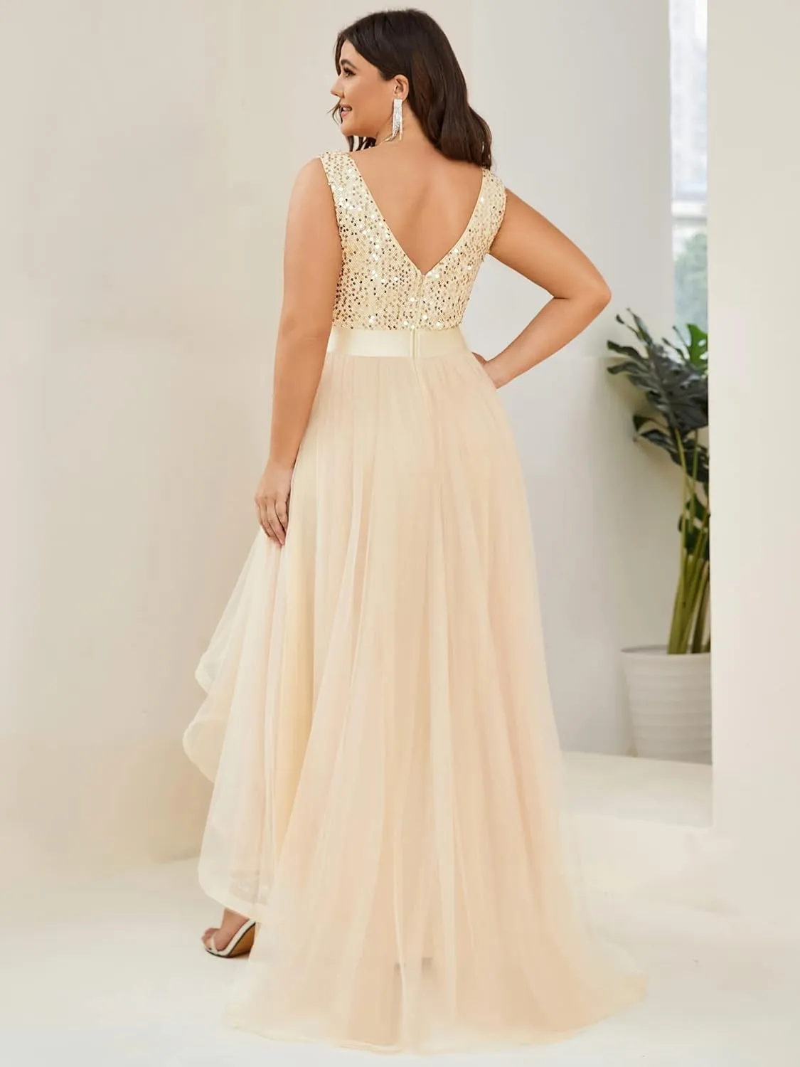 Ever-Pretty Womens Double V Neck A Line High Low Sequin Tulle Plus Size Formal Dresses for Curvy Women 0147A-DA