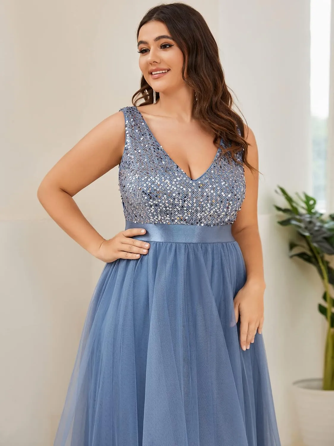 Ever-Pretty Womens Double V Neck A Line High Low Sequin Tulle Plus Size Formal Dresses for Curvy Women 0147A-DA