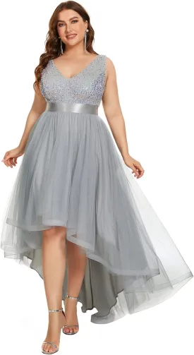 Ever-Pretty Womens Double V Neck A Line High Low Sequin Tulle Plus Size Formal Dresses for Curvy Women 0147A-DA