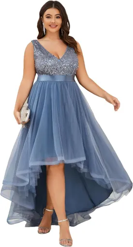 Ever-Pretty Womens Double V Neck A Line High Low Sequin Tulle Plus Size Formal Dresses for Curvy Women 0147A-DA