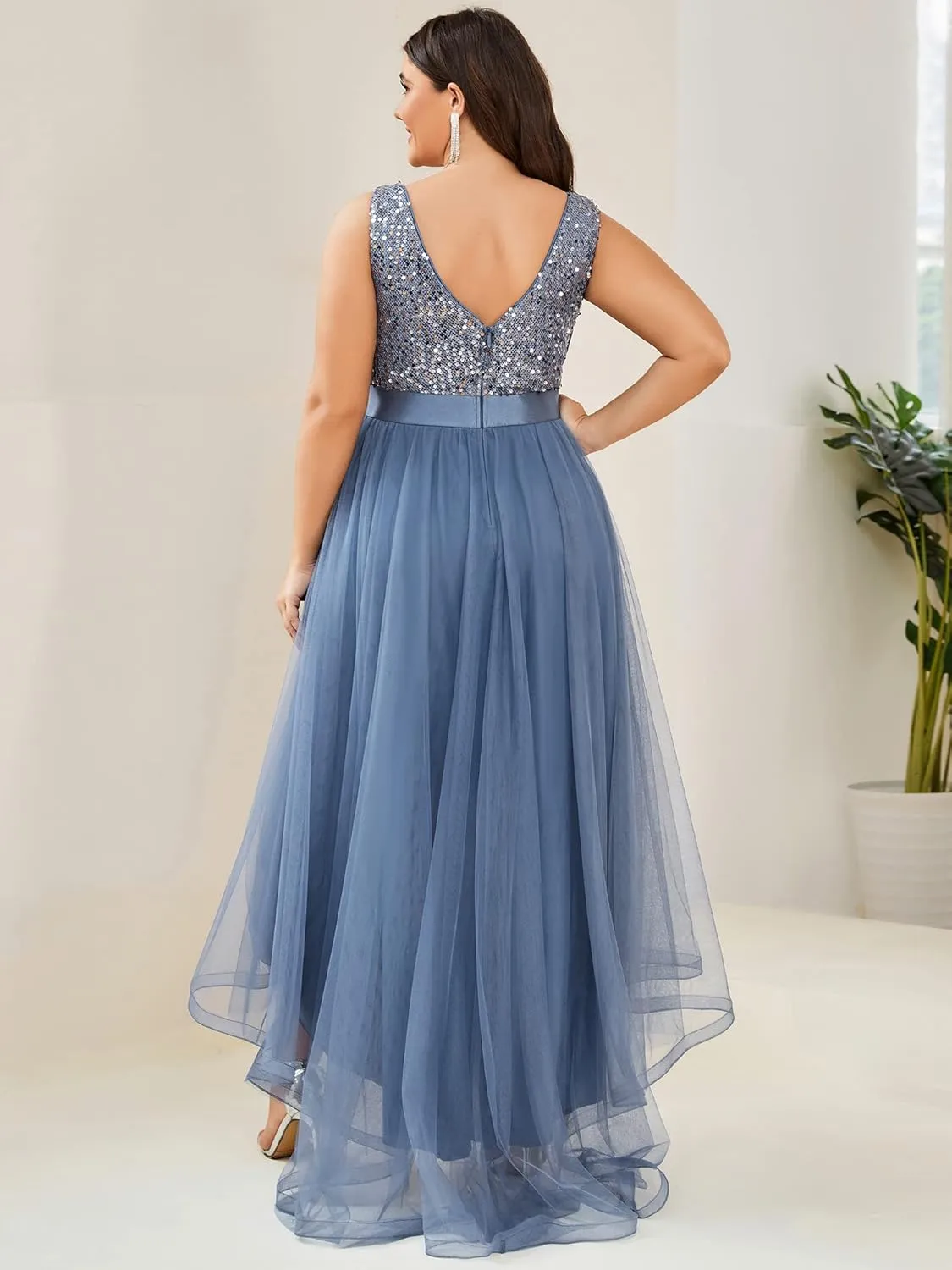 Ever-Pretty Womens Double V Neck A Line High Low Sequin Tulle Plus Size Formal Dresses for Curvy Women 0147A-DA