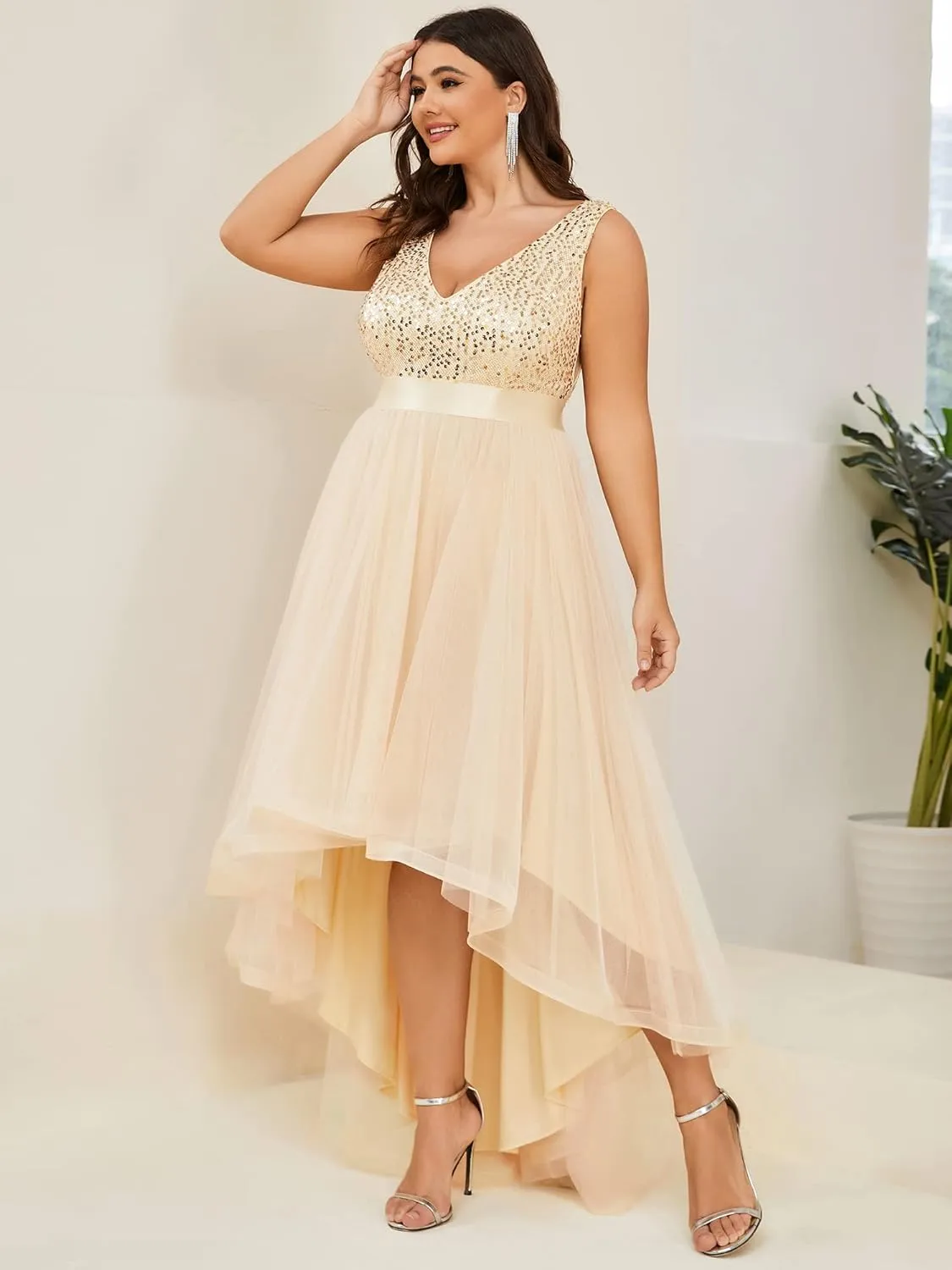 Ever-Pretty Womens Double V Neck A Line High Low Sequin Tulle Plus Size Formal Dresses for Curvy Women 0147A-DA
