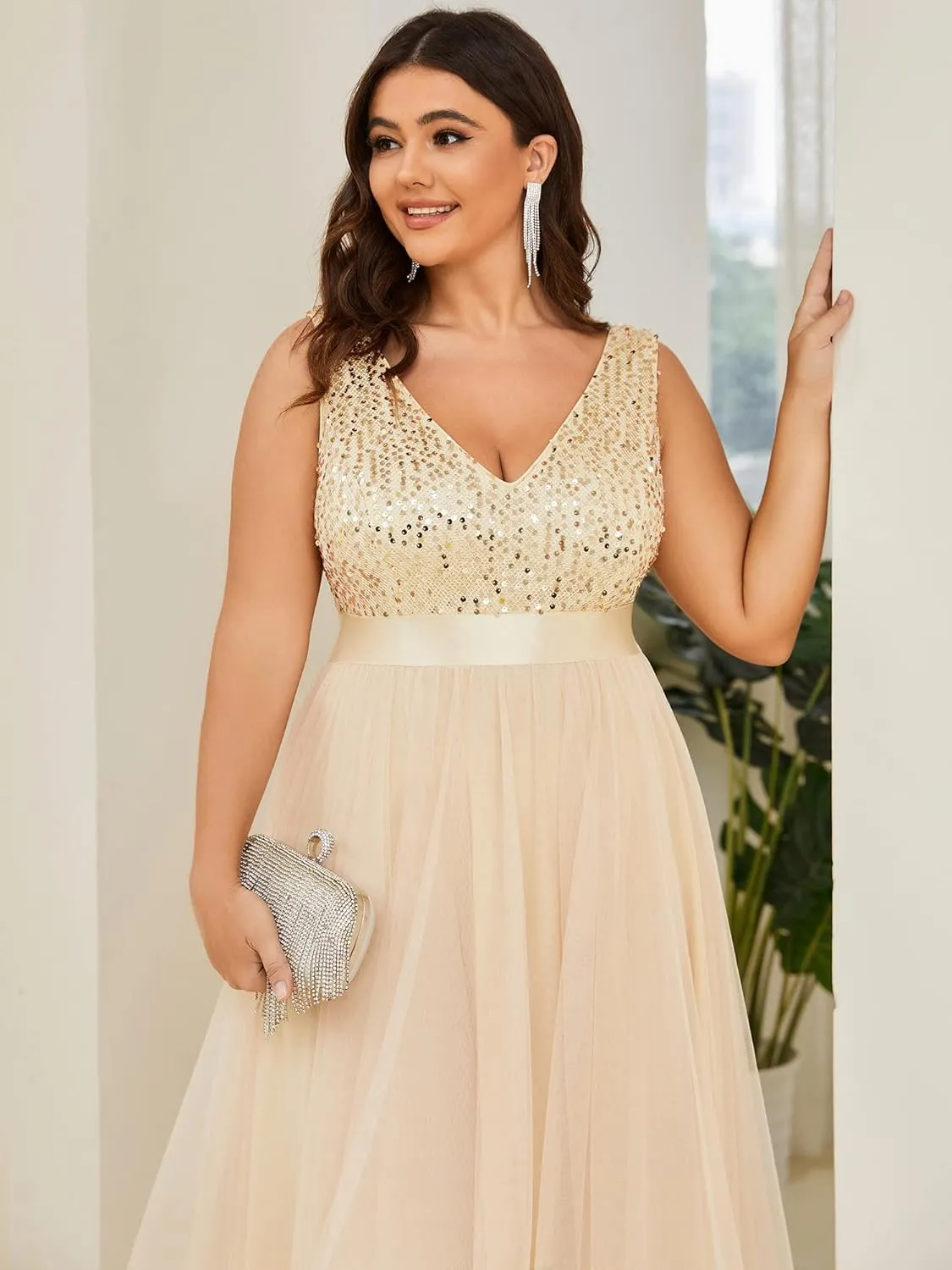 Ever-Pretty Womens Double V Neck A Line High Low Sequin Tulle Plus Size Formal Dresses for Curvy Women 0147A-DA