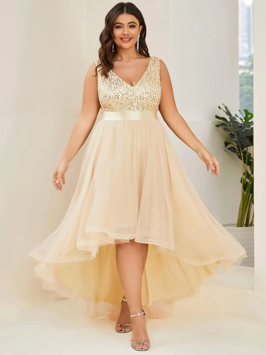 Ever-Pretty Womens Double V Neck A Line High Low Sequin Tulle Plus Size Formal Dresses for Curvy Women 0147A-DA