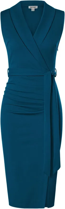 GRACE KARIN Women's Wear to Work Sleeveless Ruched Bodycon Office Pencil Midi Dresses with Belt