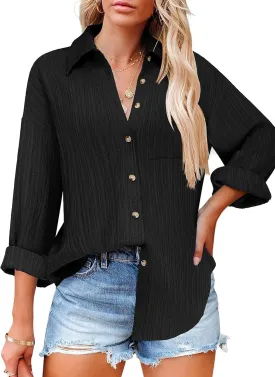 HOTOUCH Womens Button Down Shirts Long Sleeve Dress Shirt Textured Collared Work Blouse Dressy Casual Tops with Pocket