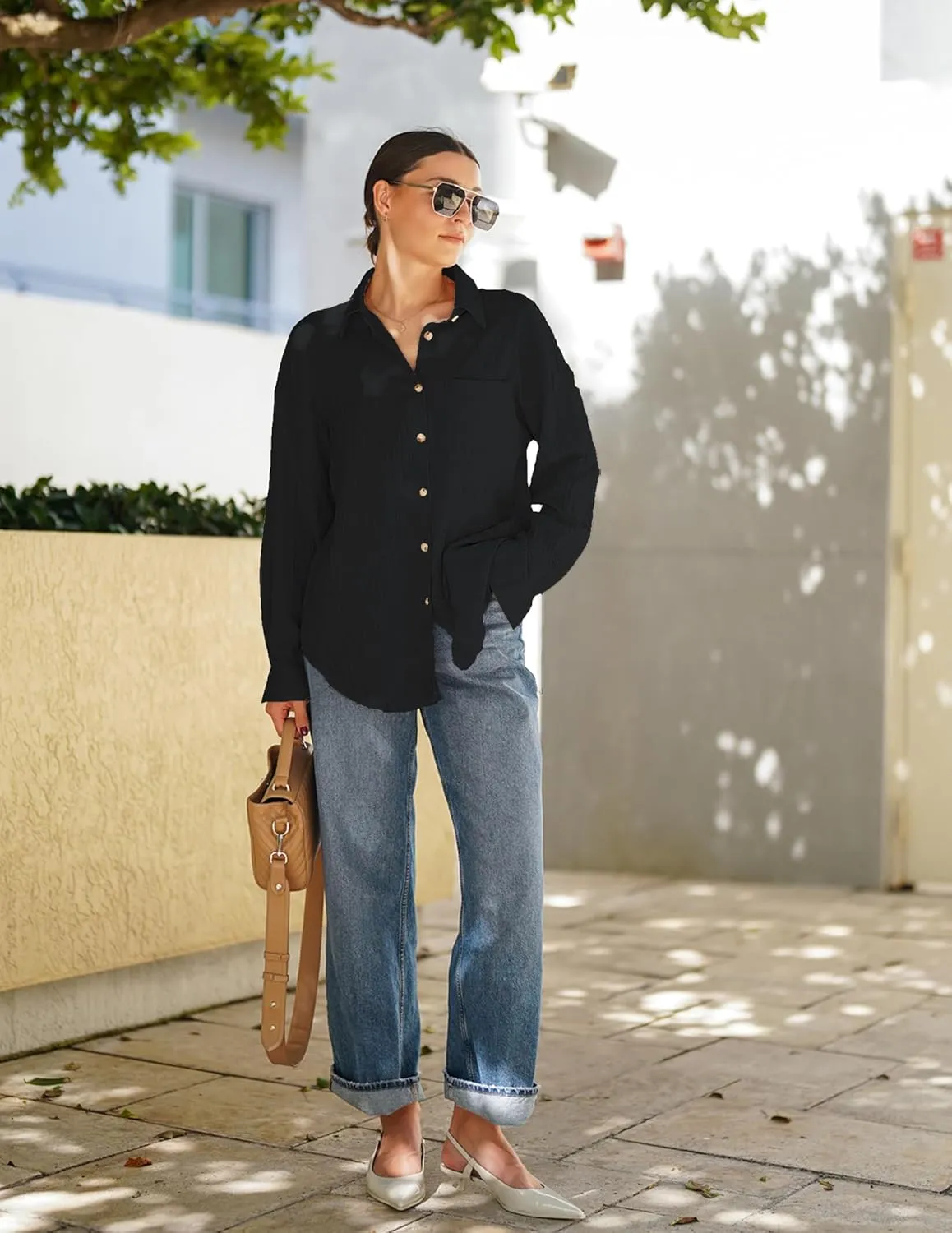 HOTOUCH Womens Button Down Shirts Long Sleeve Dress Shirt Textured Collared Work Blouse Dressy Casual Tops with Pocket