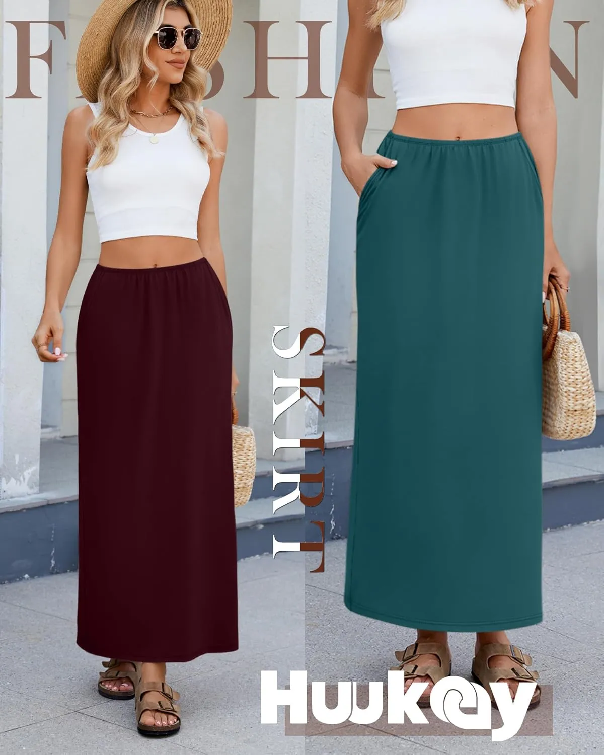 Huukeay 3 Pack Long Maxi Skirts for Women, Back Slit Ankle Length Casual Skirts Elastic Waist Soft Pencil Skirts with Pockets