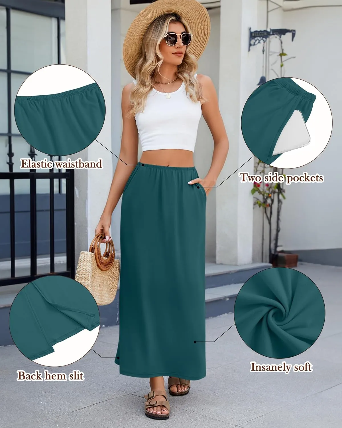 Huukeay 3 Pack Long Maxi Skirts for Women, Back Slit Ankle Length Casual Skirts Elastic Waist Soft Pencil Skirts with Pockets