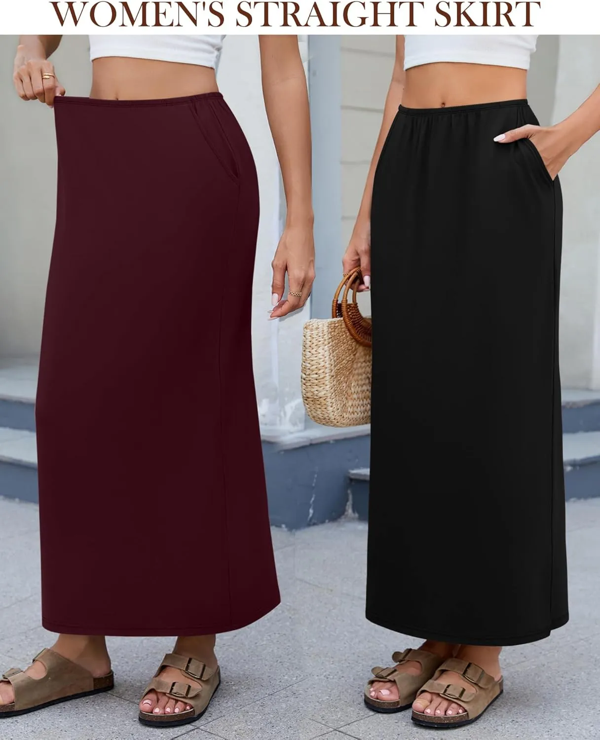 Huukeay 3 Pack Long Maxi Skirts for Women, Back Slit Ankle Length Casual Skirts Elastic Waist Soft Pencil Skirts with Pockets