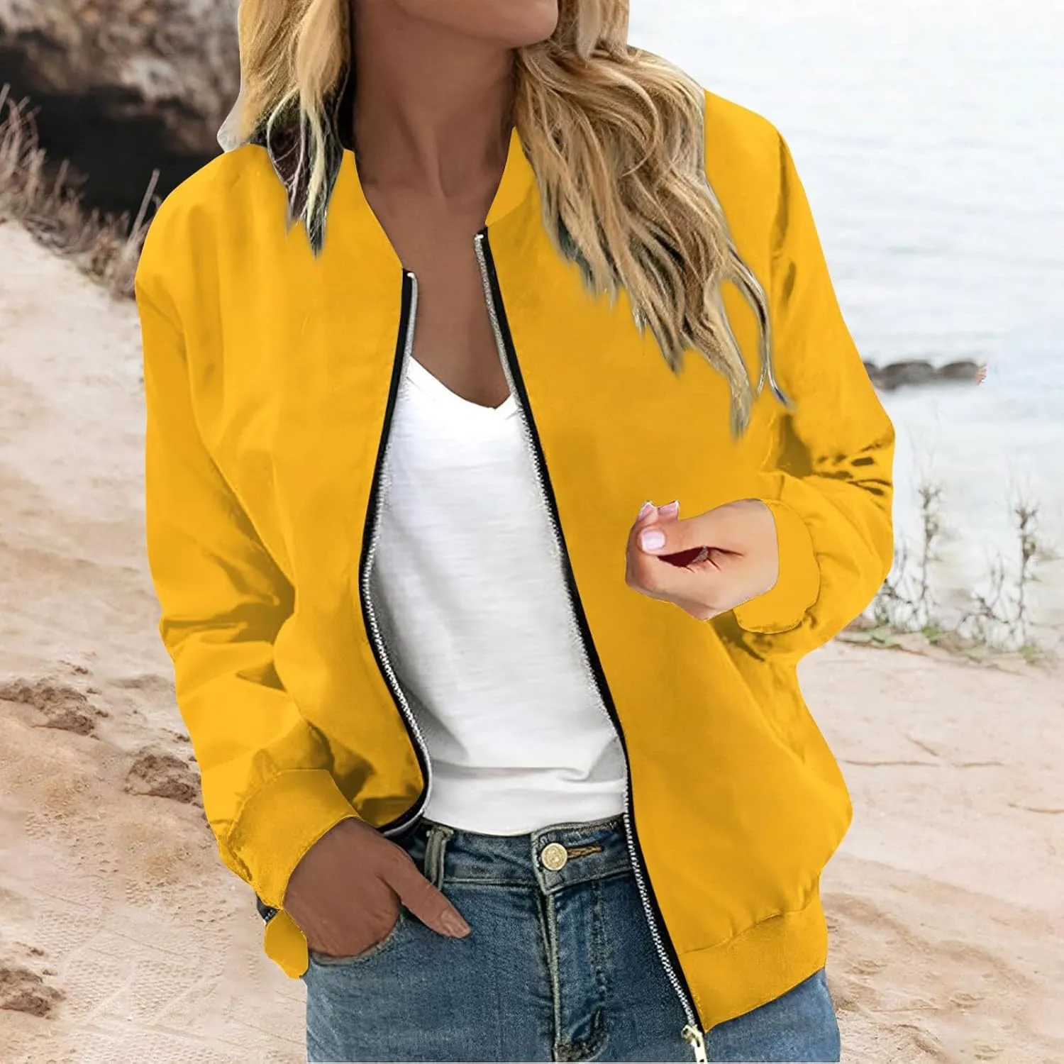 Jackets for Women Lightweight Zip Up Bomber Jacket with Pockets Stand Collar Windproof Outwear Fashion Fall Coat