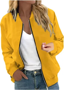 Jackets for Women Lightweight Zip Up Bomber Jacket with Pockets Stand Collar Windproof Outwear Fashion Fall Coat