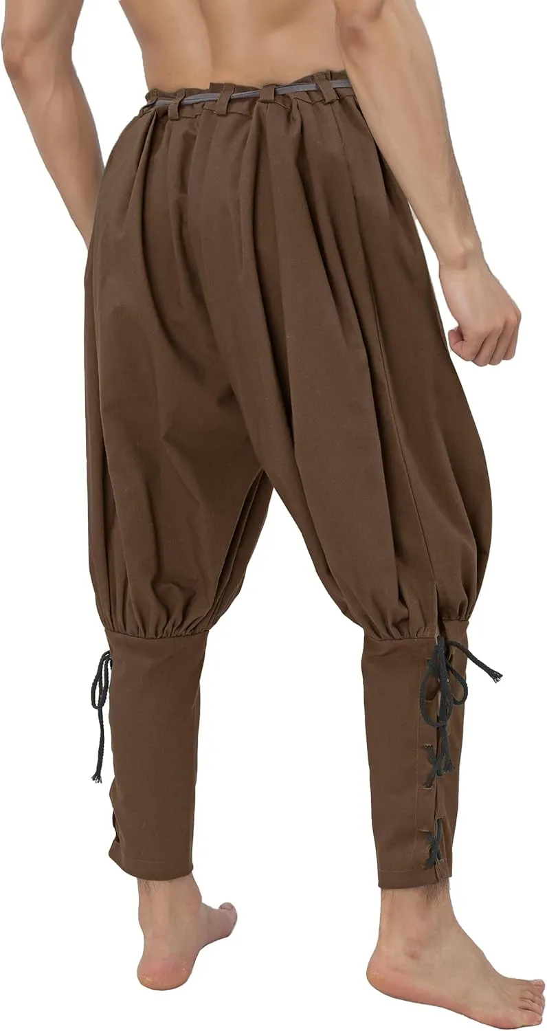 KUOIN Medieval Renaissance Ankle Banded Pants for Men Pirate Navigator Trousers Linen Bottoms