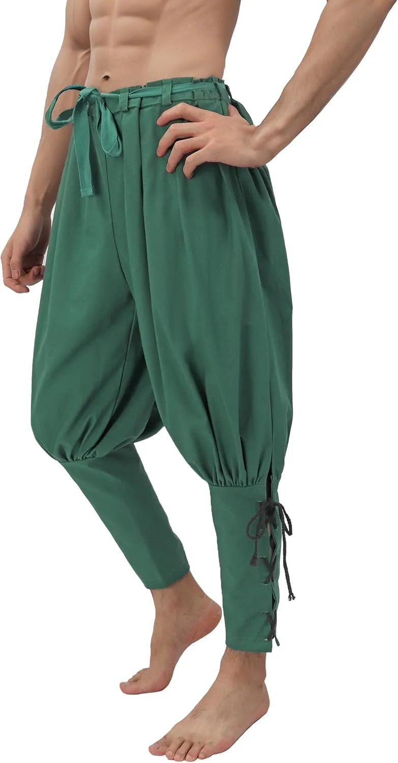 KUOIN Medieval Renaissance Ankle Banded Pants for Men Pirate Navigator Trousers Linen Bottoms