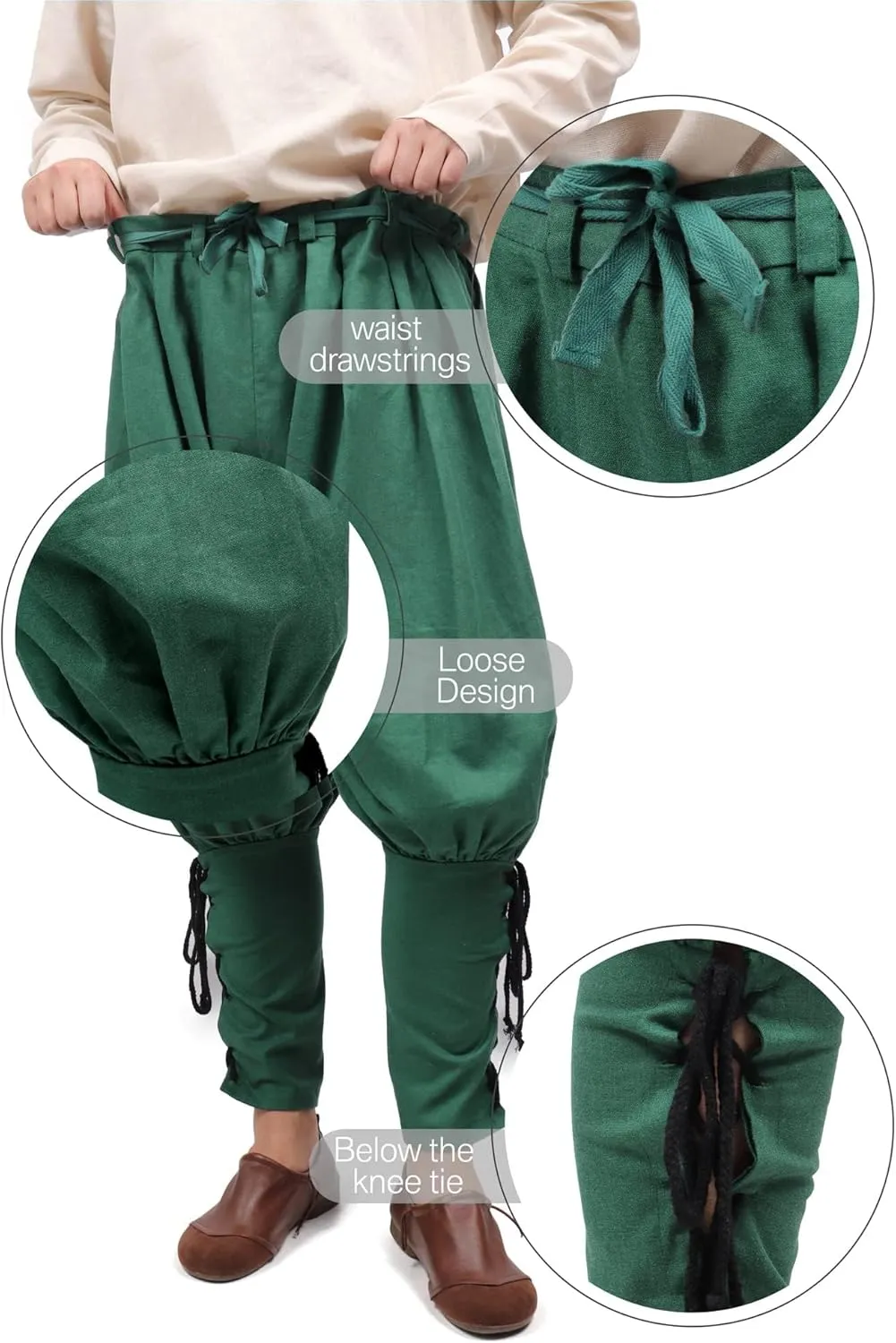 KUOIN Medieval Renaissance Ankle Banded Pants for Men Pirate Navigator Trousers Linen Bottoms