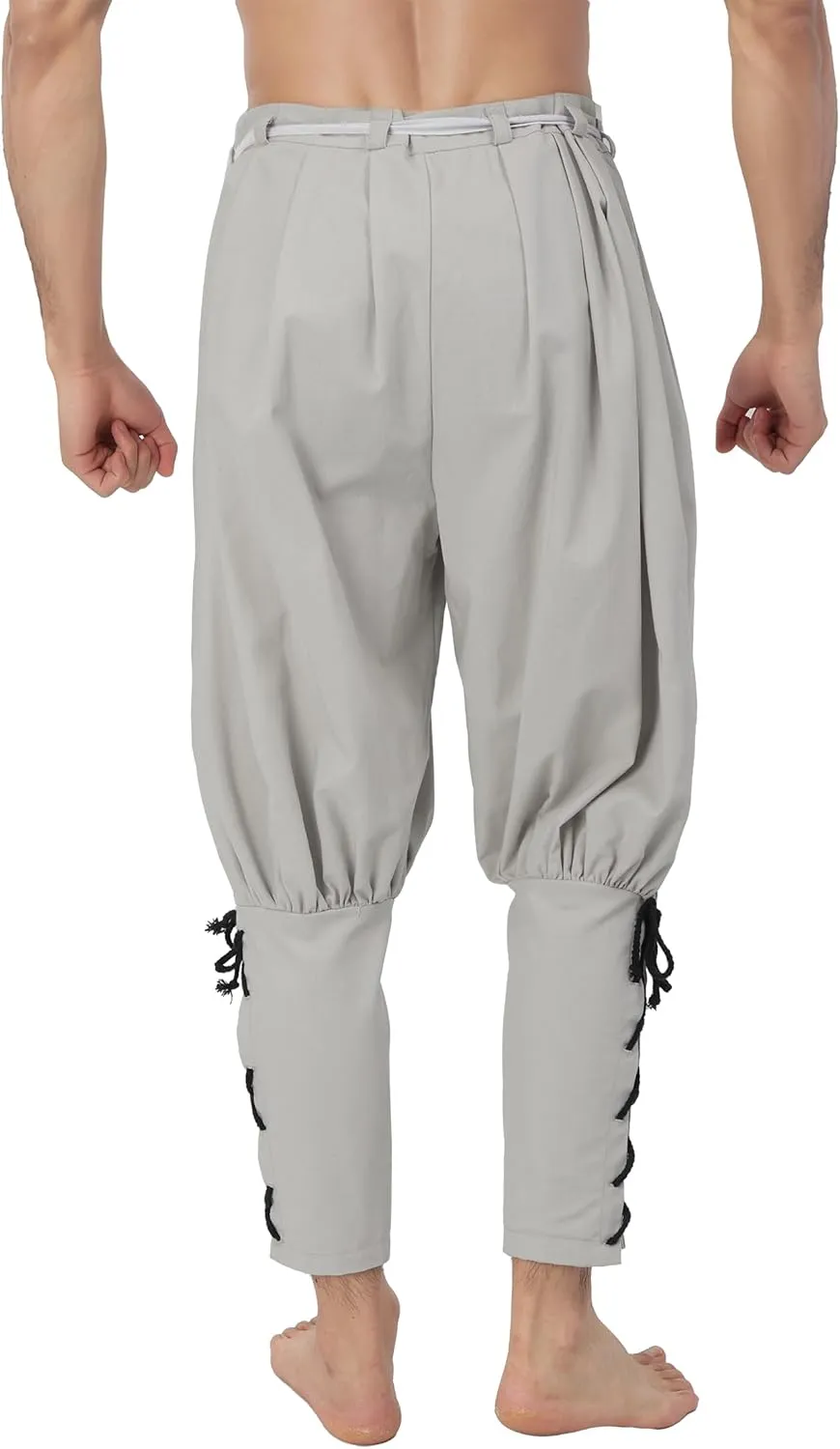 KUOIN Medieval Renaissance Ankle Banded Pants for Men Pirate Navigator Trousers Linen Bottoms