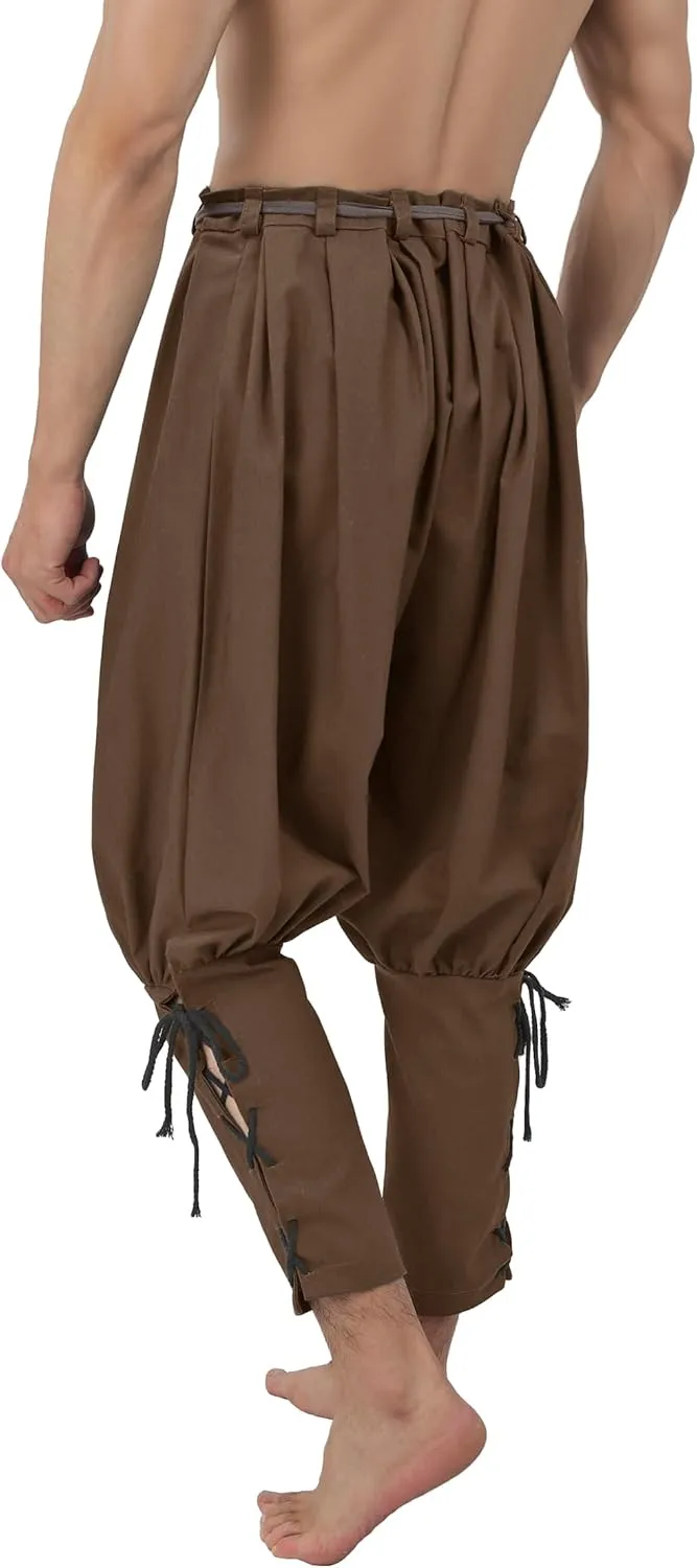 KUOIN Medieval Renaissance Ankle Banded Pants for Men Pirate Navigator Trousers Linen Bottoms